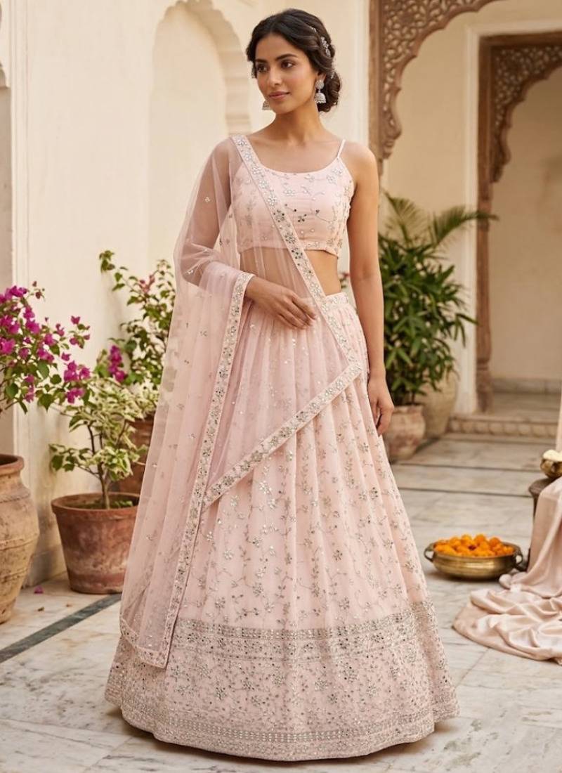 Peach Georgette Zari & Sequin Embroidered Lehenga Choli with Net Dupatta