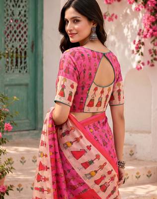 Baby pink linen folk figurines digital print bollywood saree 5