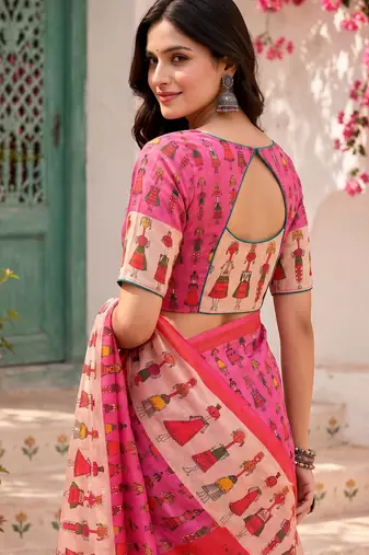 Baby pink linen folk figurines digital print bollywood saree