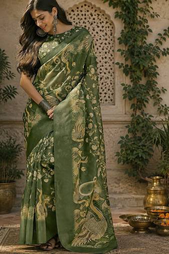 Mahendi green linen floral motifs digital print bollywood saree