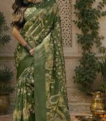 Mahendi green linen floral motifs digital print bollywood saree