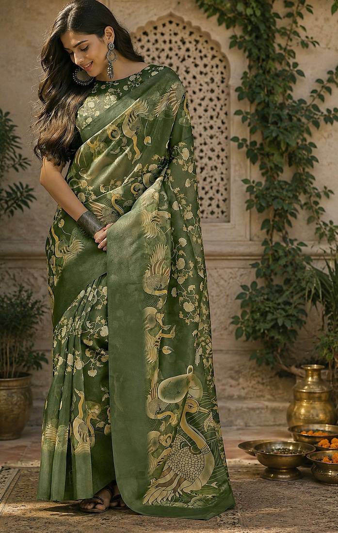 Mahendi green linen floral motifs digital print bollywood saree