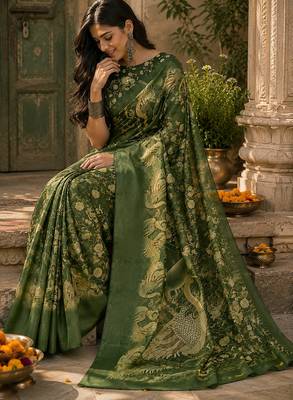 Mahendi green linen floral motifs digital print bollywood saree 4