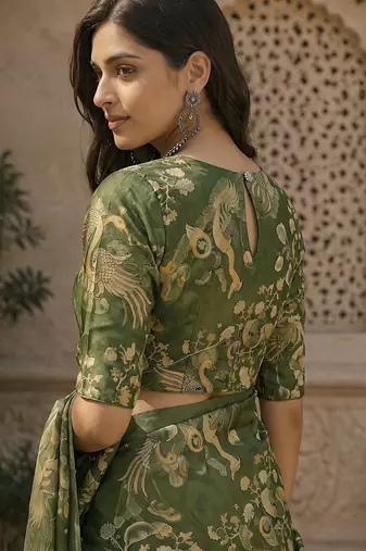 Mahendi green linen floral motifs digital print bollywood saree