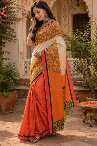 Multicolor linen floral digital print bollywood saree