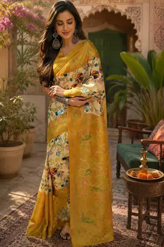 Cream & mustard yellow linen kalamkari digital print bollywood saree