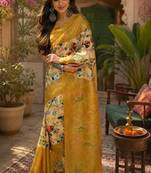 Cream & mustard yellow linen kalamkari digital print bollywood saree