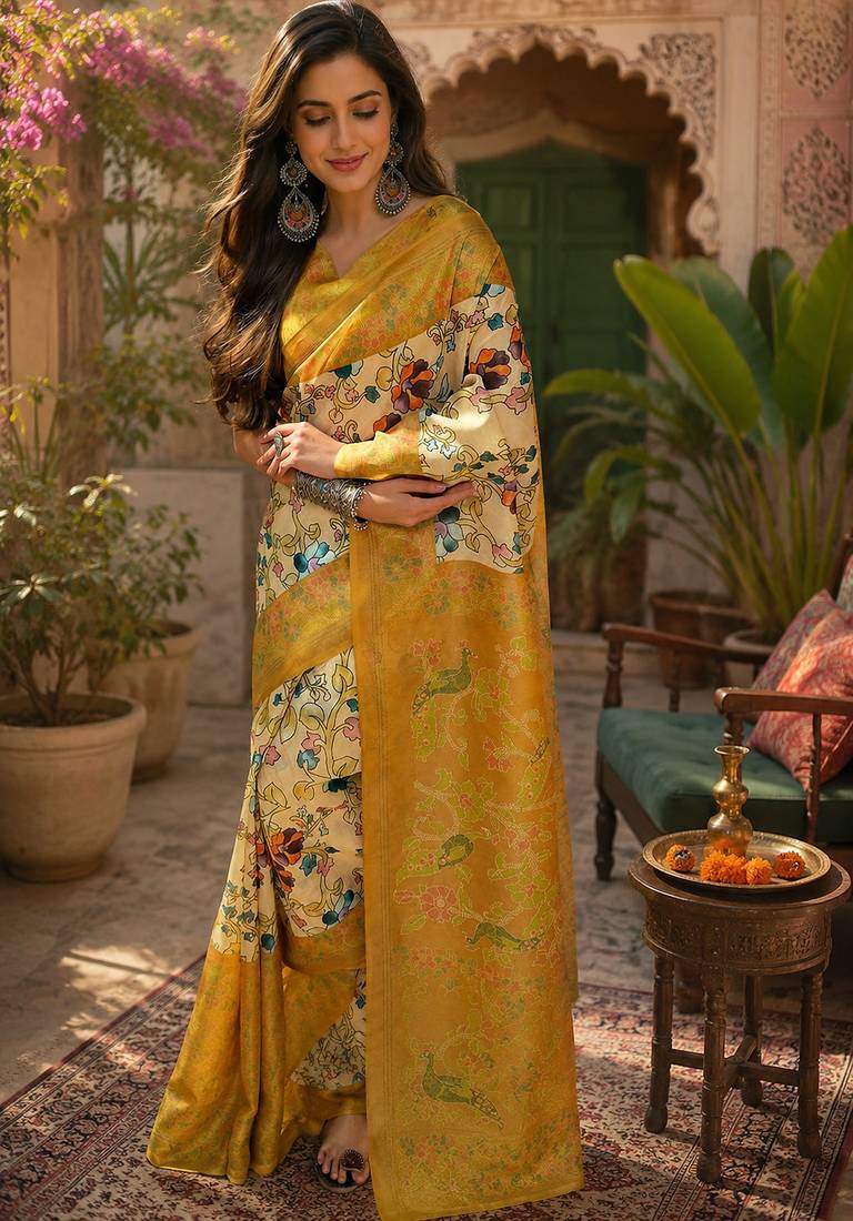 Cream & mustard yellow linen kalamkari digital print bollywood saree