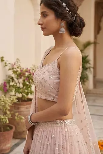 Peach Georgette Zari & Sequin Embroidered Lehenga Choli with Net Dupatta