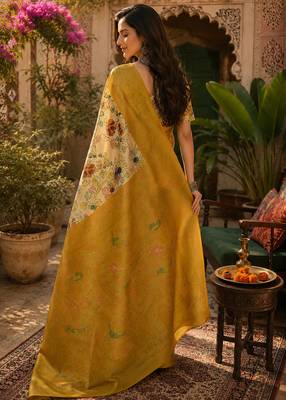 Cream & mustard yellow linen kalamkari digital print bollywood saree 4