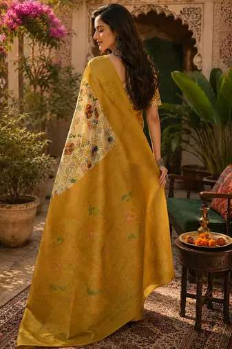 Cream & mustard yellow linen kalamkari digital print bollywood saree
