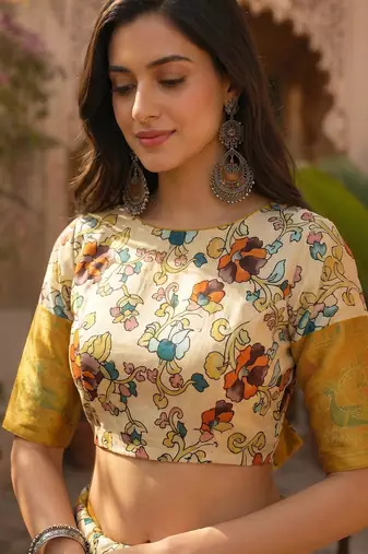 Cream & mustard yellow linen kalamkari digital print bollywood saree