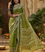 Mehndi green linen ethnic block prints digital print bollywood saree