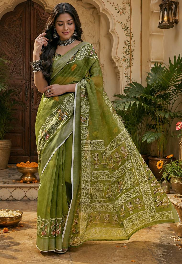 Mehndi green linen ethnic block prints digital print bollywood saree