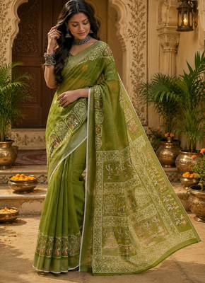 Mehndi green linen ethnic block prints digital print bollywood saree 2