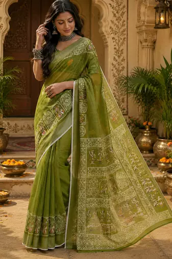 Mehndi green linen ethnic block prints digital print bollywood saree
