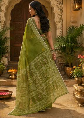 Mehndi green linen ethnic block prints digital print bollywood saree 4