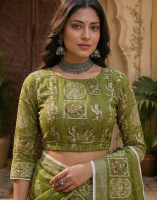 Mehndi green linen ethnic block prints digital print bollywood saree 5