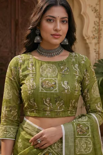 Mehndi green linen ethnic block prints digital print bollywood saree