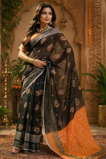 Black & orange linen bandhani digital print bollywood saree