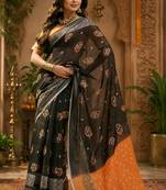 Black & orange linen bandhani digital print bollywood saree