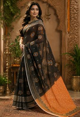 Black & orange linen bandhani digital print bollywood saree 2