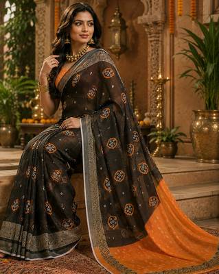 Black & orange linen bandhani digital print bollywood saree 3