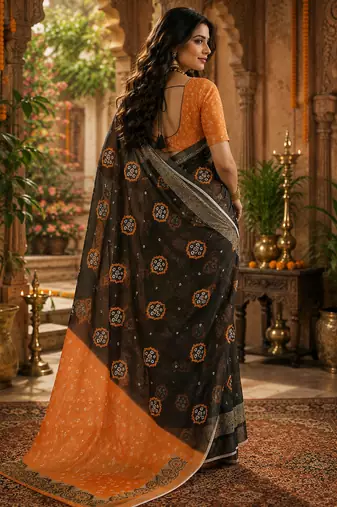 Black & orange linen bandhani digital print bollywood saree