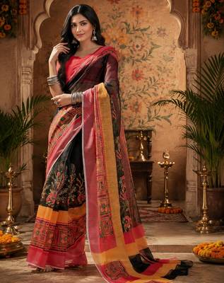 Multicolor linen floral motifs digital print bollywood saree 1