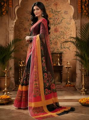 Multicolor linen floral motifs digital print bollywood saree 2