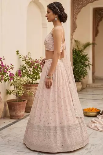 Peach Georgette Zari & Sequin Embroidered Lehenga Choli with Net Dupatta