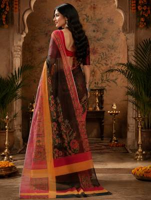 Multicolor linen floral motifs digital print bollywood saree 3