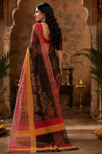 Multicolor linen floral motifs digital print bollywood saree