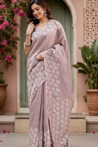 Pastel lavender linen batik print digital print bollywood saree