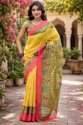 Canary yellow linen madhubani digital print bollywood saree
