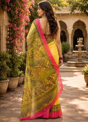 Canary yellow linen madhubani digital print bollywood saree 3