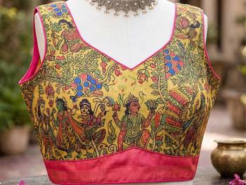 Canary yellow linen madhubani digital print bollywood saree 5
