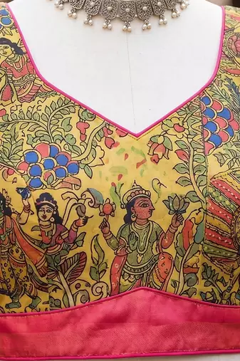 Canary yellow linen madhubani digital print bollywood saree