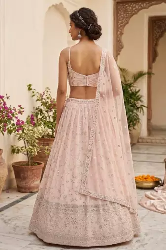 Peach Georgette Zari & Sequin Embroidered Lehenga Choli with Net Dupatta