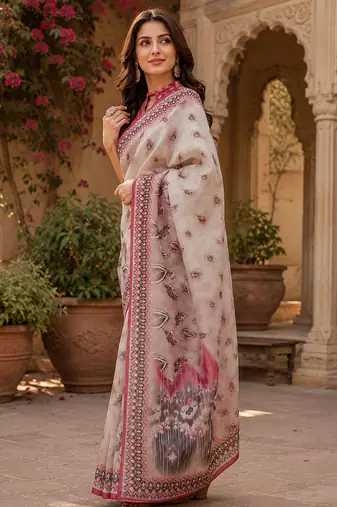 Off white linen pasiley motifs digital print bollywood saree