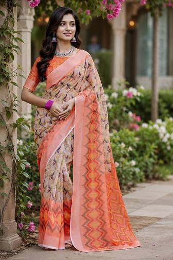 Cream & peach linen abstract digital print bollywood saree