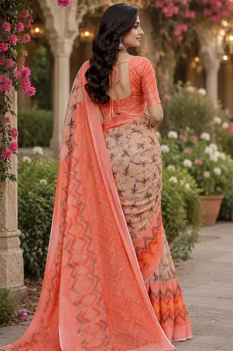 Cream & peach linen abstract digital print bollywood saree