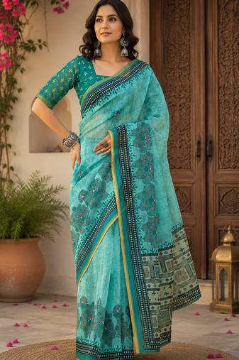 Turquoise blue linen floral digital print bollywood saree