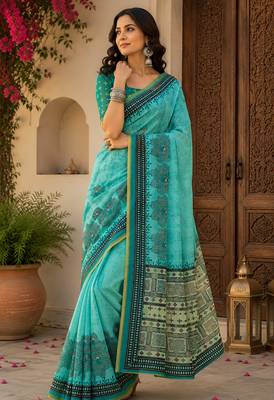 Turquoise blue linen floral digital print bollywood saree 4