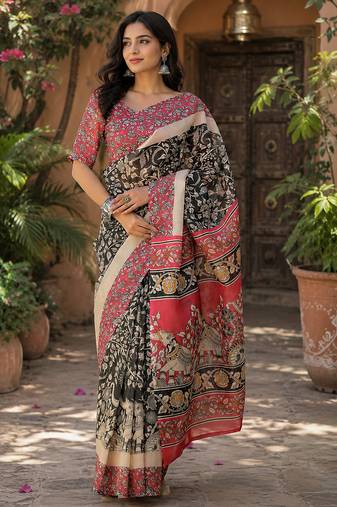 Black linen kalamkari digital print bollywood saree