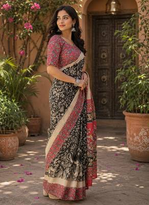 Black linen kalamkari digital print bollywood saree 2
