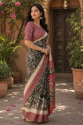 Black linen kalamkari digital print bollywood saree
