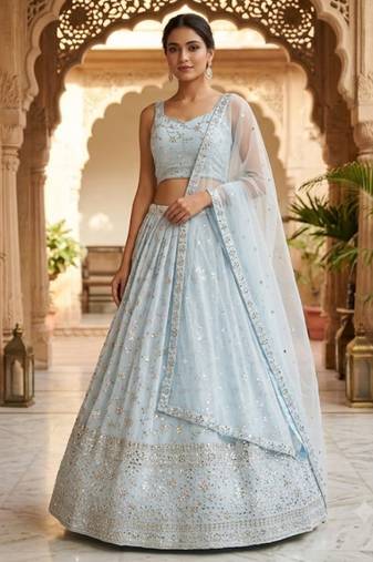 Sky Blue Georgette Zari & Sequin Embroidered Lehenga Choli with Net Dupatta
