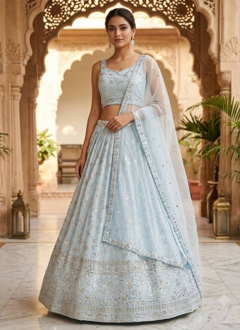 Sky Blue Georgette Zari & Sequin Embroidered Lehenga Choli with Net Dupatta