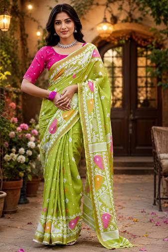 Light green linen bandhani digital print bollywood saree
